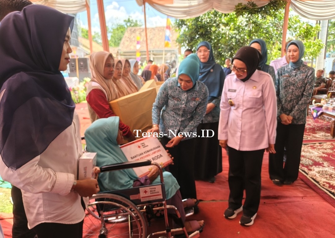 Ketua PMI Provinsi Lampung Batin Purnama Wulan Sari Serahkan Bantuan Kursi Roda dan Alat Bantu Dengar di Way Kanan